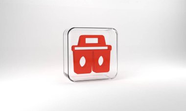 Red Coffee cup to go icon isolated on grey background. Glass square button. 3d illustration 3D render.