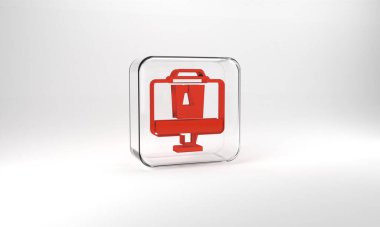 Red Online ordering and fast food delivery icon isolated on grey background. Glass square button. 3d illustration 3D render.