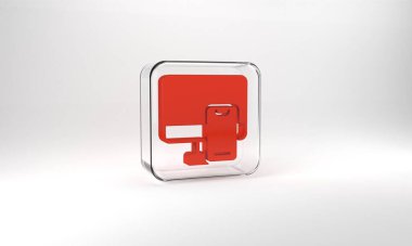Red Online ordering and fast food delivery icon isolated on grey background. Glass square button. 3d illustration 3D render.