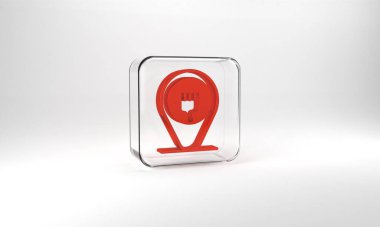 Red Cafe and restaurant location icon isolated on grey background. Fork eatery sign inside pinpoint. Glass square button. 3d illustration 3D render..
