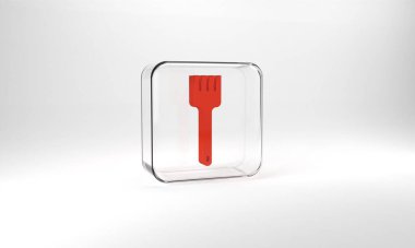 Red Fork icon isolated on grey background. Cutlery symbol. Glass square button. 3d illustration 3D render.