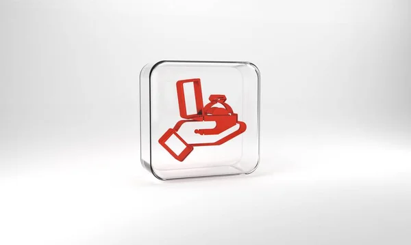 Красный Бриллиант Обручальное Кольцо Коробке Значок Изолирован Сером Фоне Стеклянная — стоковое фото
