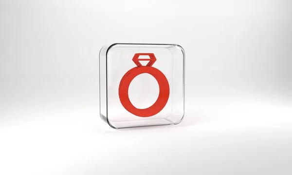 Red Diamond Engagement Ring Icon Isolated Grey Background Glass Square — Stockfoto