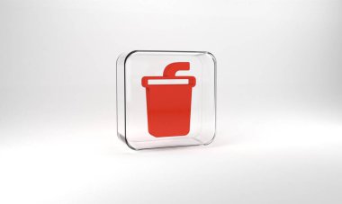 Red Paper glass with drinking straw and water icon isolated on grey background. Soda drink glass. Fresh cold beverage symbol. Glass square button. 3d illustration 3D render.