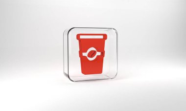 Red Coffee cup to go icon isolated on grey background. Glass square button. 3d illustration 3D render.