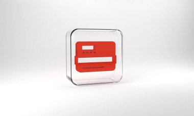 Red Credit card icon isolated on grey background. Online payment. Cash withdrawal. Financial operations. Shopping sign. Glass square button. 3d illustration 3D render.
