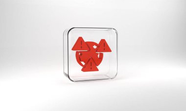 Red Planet earth symbol with exclamation mark icon isolated on grey background. Global earth, Exclamation mark danger. Glass square button. 3d illustration 3D render.