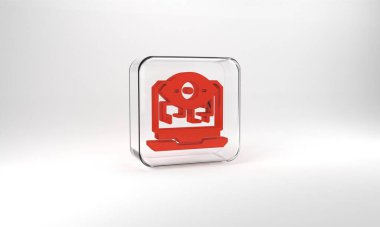 Red Computer vision icon isolated on grey background. Technical vision, eye circuit, video surveillance system, augmented reality systems. Glass square button. 3d illustration 3D render.