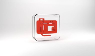 Red Electronic computer components motherboard digital chip integrated science icon isolated on grey background. Circuit board. Glass square button. 3d illustration 3D render.