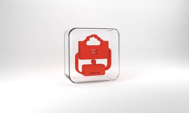 Red Cloud database icon isolated on grey background. Cloud computing concept. Digital service or app with data transferring. Glass square button. 3d illustration 3D render.