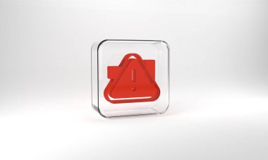 Red Exclamation mark in triangle icon isolated on grey background. Hazard warning sign, careful, attention, danger warning important. Glass square button. 3d illustration 3D render.