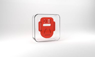 Red Artificial intelligence robot icon isolated on grey background. Machine learning, cloud computing. Glass square button. 3d illustration 3D render.