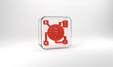 Red Blockchain technology Bitcoin icon isolated on grey background. Abstract geometric block chain network technology business. Glass square button. 3d illustration 3D render.