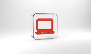 Red Laptop icon isolated on grey background. Computer notebook with empty screen sign. Glass square button. 3d illustration 3D render.