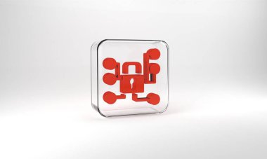 Red Cyber security icon isolated on grey background. Closed padlock on digital circuit board. Safety concept. Digital data protection. Glass square button. 3d illustration 3D render.