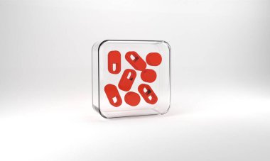 Red Medical pill bottle biohacking icon isolated on grey background. Pharmacy biohacking. Glass square button. 3d illustration 3D render.
