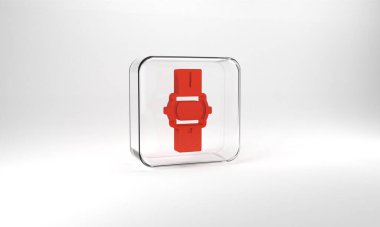 Red Wrist watch icon isolated on grey background. Wristwatch icon. Glass square button. 3d illustration 3D render.