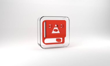 Red Ancient magic book with alchemy recipes and mystic spells and enchantments icon isolated on grey background. Glass square button. 3d illustration 3D render.