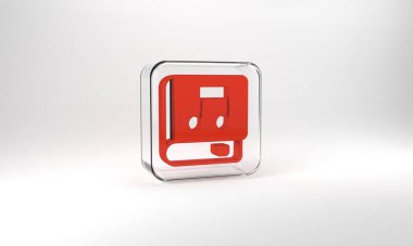 Red Audio book icon isolated on grey background. Musical note with book. Audio guide sign. Online learning concept. Glass square button. 3d illustration 3D render.