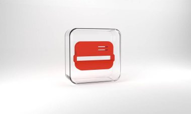 Red Credit card icon isolated on grey background. Online payment. Cash withdrawal. Financial operations. Shopping sign. Glass square button. 3d illustration 3D render.