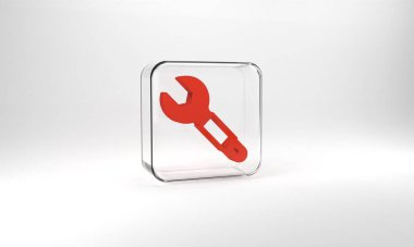 Red Wrench spanner icon isolated on grey background. Spanner repair tool. Service tool symbol. Glass square button. 3d illustration 3D render.