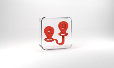 Red Route location icon isolated on grey background. Map pointer sign. Concept of path or road. GPS navigator. Glass square button. 3d illustration 3D render.