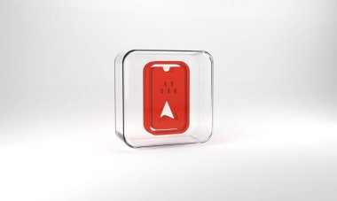 Red Infographic of city map navigation icon isolated on grey background. Mobile App Interface concept design. Geolacation concept. Glass square button. 3d illustration 3D render.