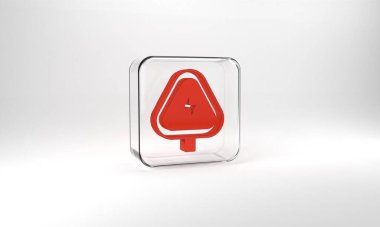 Red High voltage sign icon isolated on grey background. Danger symbol. Arrow in triangle. Warning icon. Glass square button. 3d illustration 3D render.