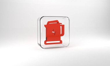 Red Electric kettle icon isolated on grey background. Teapot icon. Glass square button. 3d illustration 3D render.