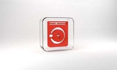 Red Washer icon isolated on grey background. Washing machine icon. Clothes washer - laundry machine. Home appliance symbol. Glass square button. 3d illustration 3D render.