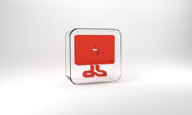 Red Smart Tv icon isolated on grey background. Television sign. Glass square button. 3d illustration 3D render.