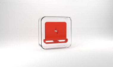 Red Laptop icon isolated on grey background. Computer notebook with empty screen sign. Glass square button. 3d illustration 3D render.
