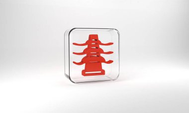 Red Electric tower used to support an overhead power line icon isolated on grey background. High voltage power pole line. Glass square button. 3d illustration 3D render.