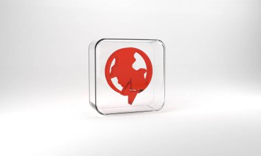 Red Global energy power planet with flash thunderbolt icon isolated on grey background. Ecology concept and environmental. Glass square button. 3d illustration 3D render.