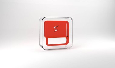Red Book about electricity icon isolated on grey background. Glass square button. 3d illustration 3D render.