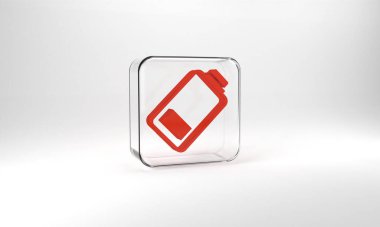 Red Battery charge level indicator icon isolated on grey background. Glass square button. 3d illustration 3D render.