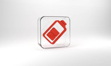 Red Battery charge level indicator icon isolated on grey background. Glass square button. 3d illustration 3D render.