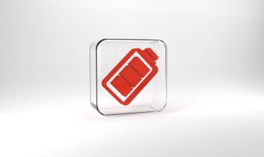Red Battery charge level indicator icon isolated on grey background. Glass square button. 3d illustration 3D render.