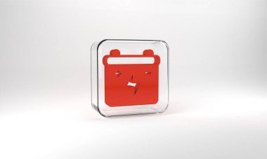 Red Car battery icon isolated on grey background. Accumulator battery energy power and electricity accumulator battery. Glass square button. 3d illustration 3D render.