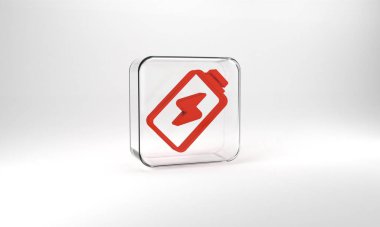 Red Battery charge level indicator icon isolated on grey background. Glass square button. 3d illustration 3D render.