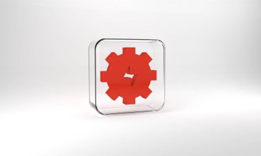 Red Gear and lightning icon isolated on grey background. Electric power. Lightning bolt sign. Glass square button. 3d illustration 3D render.