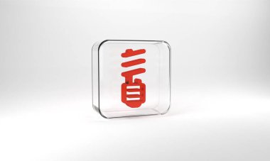 Red LED light bulb icon isolated on grey background. Economical LED illuminated lightbulb. Save energy lamp. Glass square button. 3d illustration 3D render.