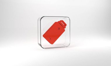 Red Battery charge level indicator icon isolated on grey background. Glass square button. 3d illustration 3D render.