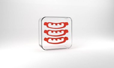 Red Sausage icon isolated on grey background. Grilled sausage and aroma sign. Glass square button. 3d illustration 3D render.