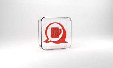 Red Wooden beer mug icon isolated on grey background. Glass square button. 3d illustration 3D render.