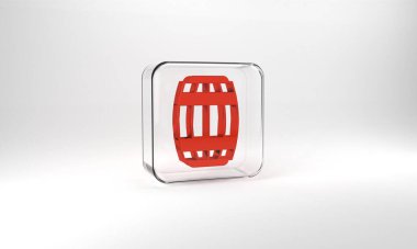 Red Wooden barrel icon isolated on grey background. Alcohol barrel, drink container, wooden keg for beer, whiskey, wine. Glass square button. 3d illustration 3D render.