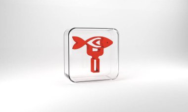 Red Dried fish icon isolated on grey background. Glass square button. 3d illustration 3D render.
