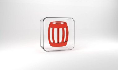 Red Wooden barrel icon isolated on grey background. Alcohol barrel, drink container, wooden keg for beer, whiskey, wine. Glass square button. 3d illustration 3D render.