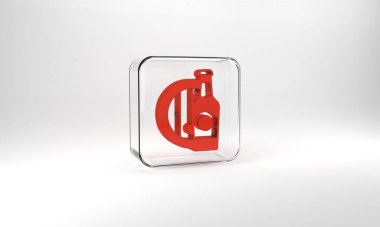 Red Beer bottle and wooden barrel icon isolated on grey background. Glass square button. 3d illustration 3D render.