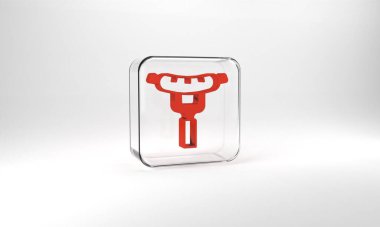 Red Sausage on the fork icon isolated on grey background. Grilled sausage and aroma sign. Glass square button. 3d illustration 3D render.
